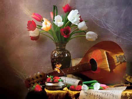 Music and tulips - tulips, mandolin, flowers, still life