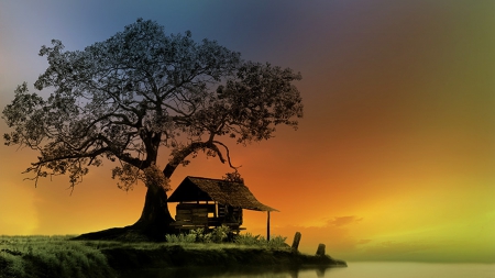 Partners - clouds, beautiful, trees, hut, colors, sunrise, grass