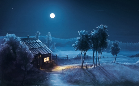 Blue Night - moon, trees, winter, night, path, nature, art, full, scenery, cabin