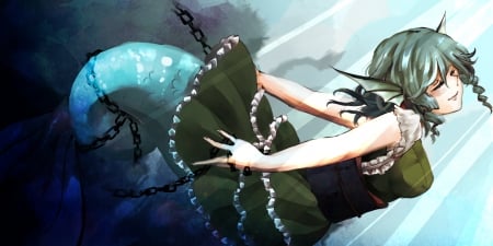 Unchained - wakasagihime, short hair, anime, touhou, mermaid, chain, dress, green hair