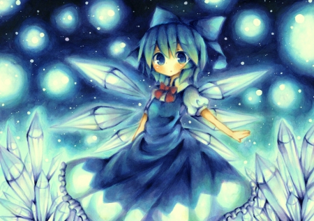 Cirno - anime, cirno, snow, dress, short hair, touhou, blue hair, wings, fairy, blue eyes