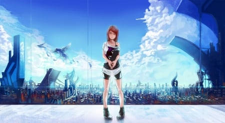 Welcome!! - clouds, anime, female, blue, sky, machines