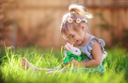 Bunny â™¥ - gree, girl, ribbon, flowers, grass, bunny, little