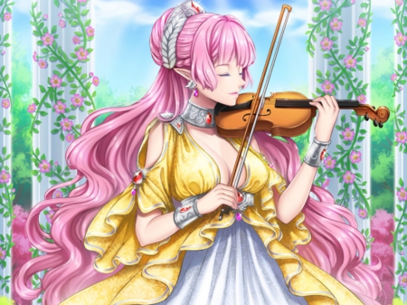 Violin - nice, beauty, female, instrument, elegant, gorgeous, pretty, maiden, lady, girl, long hair, gown, lovely, divine, floral, beautiful, blossom, sweet, violin, flower, dress