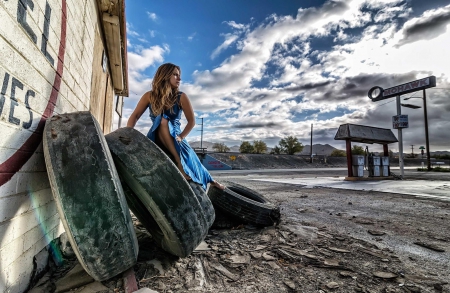 Highway - woman, gas station, blue, highway, abandoned, dress