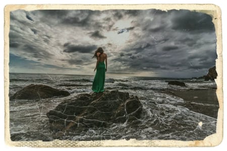 Solitude - rock, sea, woman, dress, green