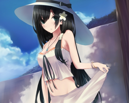 Big Hat - pretty, anime, female, scene, maiden, dress, long hair, hd, nice, hat, gown, anime girl, beautiful, girl, beauty, lovely, sweet, lady, black hair