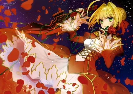 Saber Extra - gown, flower, rose, blond hair, beautiful, blossom, blonde, anime girl, girl, blond, blonde hair, floral, pretty, beauty, sweet, fate stay night, anime, dress, long hair, petals, nice, lovely, female, saber