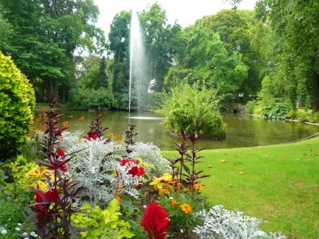 Park beauty - trees, greenery, park, lovely, nature, fountain, pretty, beautiful, flowers, garden, pond, grass