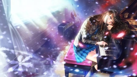 Sad Melody - nice, realistic, beauty, female, emotional, miniskirt, anime girl, shine, gloom, brown hair, piano, pretty, anime, skirt, gloomy, girl, sad, light, long hair, lovely, sorrow, bright, glow, beautiful, sweet, serious