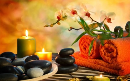 Spa - orchids, candles, still life, lovely, flame, pretty, beautiful, spa, towels, stones, relax, harmony