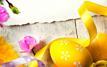 Happy Easter! - white, flower, ribbon, pink, egg, spring, yellow, wood