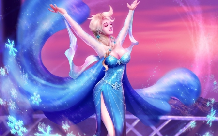 Elsa - winter, blue, girl, pink, snow queen, fantasy, frozen, woman, elsa, disney, art