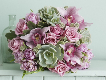 Elegant beauty - green, flowers, roses, pink