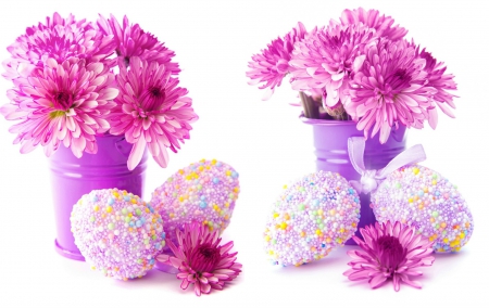 Happy Easter! - pot, eggs, easter, white, purple, flower, pink