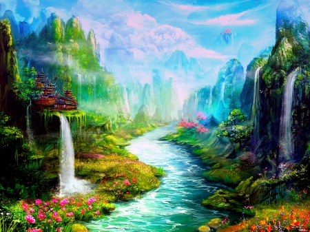 SPRING FANTASY - river, waterfals, spring, valley, art