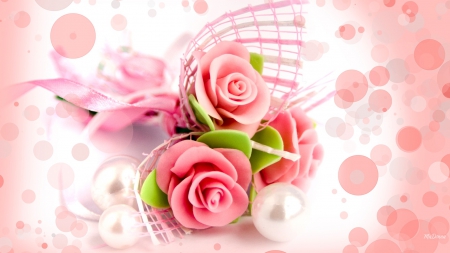 Pink Rose Design - pearls, bokeh, roses, pink, ribbon, flowers, bouquet