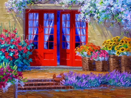 Spring house - pretty, house, blooms, blossoms, beautiful, spring, lovely, home, flowers, colorful, door, painting, art