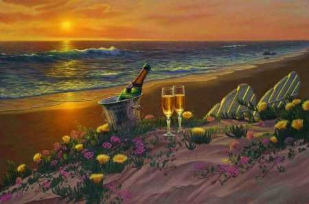 Cozy Evening at the Beach - blossoms, water, flowers, champagne, artwork, sun, chairs, hampagne, sunset, sea, waves