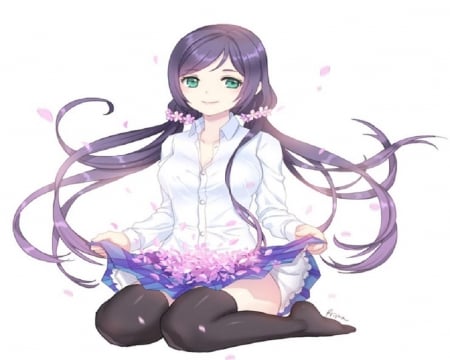 Toujou Nozomi - anime, girl, seifuku, live, love, petals, long hair, uniform, cute