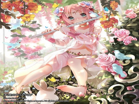 Cute Girl - flute, girl, forest, pink, music, flowers, orginal, cute