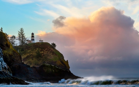 Cape Disappointment Lighthouse, Washington - rock, beach, lighthouse, usa