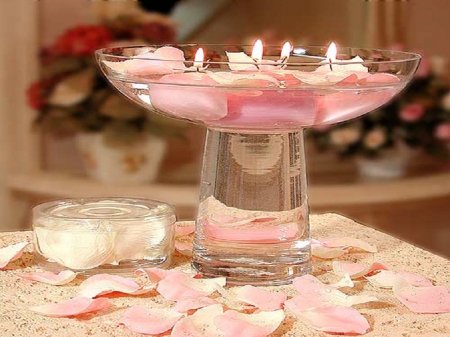 Pink flowers with candle - candle, glass, flower, valentine, happiness