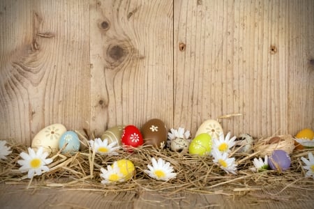 â™¥Easter Timeâ™¥ - wood, eggs, camomile, easter, flowers