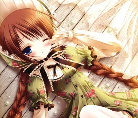 Blushing - nice, beauty, female, anime girl, brown hair, laying, pretty, anime, wink, cute, lying, girl, adorable, blushing, long hair, lay, gown, lovely, hd, kawaii, beautiful, sweet, blush, dress