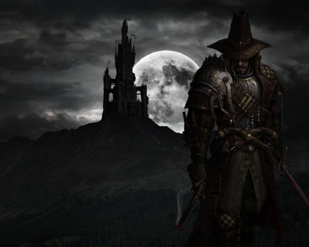 The Hunter - moon, gun, man, castle, night, sword