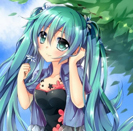 Miku - anime, vocaloid, kawaii, female, hatsune miku, green eyes, green hair, long hair, miku hatsuen, anime girl, beautiful, girl, beauty, bliush, flower, miku, cute, adorable, hatsune, vocaloids