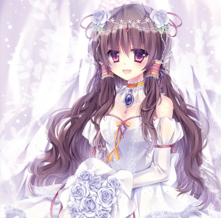 Pure White - anime, elegant, divine, female, maiden, dress, reimu hakurei, long hair, sublime, happy, touhou, gorgeous, hd, reimu, hakurei reimu, bride, gown, anime girl, beautiful, girl, beauty, brown hair, flower, petals, bouquet, smile, white, lady, angelic, floral