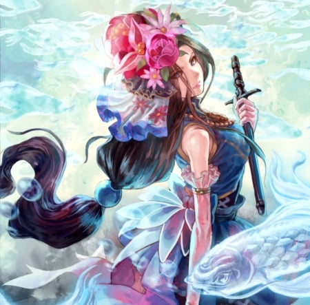 Carp Maiden - pretty, beautiful, beauty, lovely, long hair, sweet, fantasy, oriental, knife, rapier, weapon, nice, dagger, fish, fantasy girl, carp