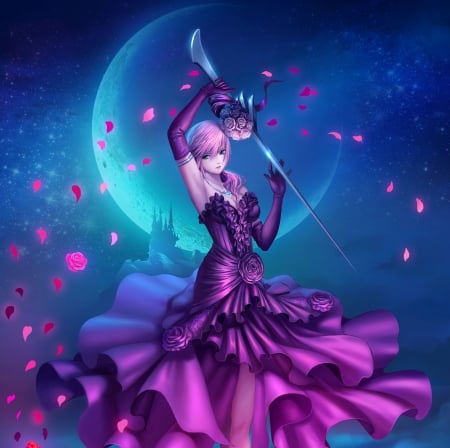 Rose Blade - beauty, female, fanasy, blade, elegant, gorgeous, petals, sword, fantasy girl, scene, moon, hhd, girl, long hair, pink hair, gown, divine, floral, sublime, beautiful, blossom, weapon, dress, flower