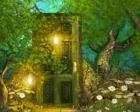 Door - tree, lamp, forest, door