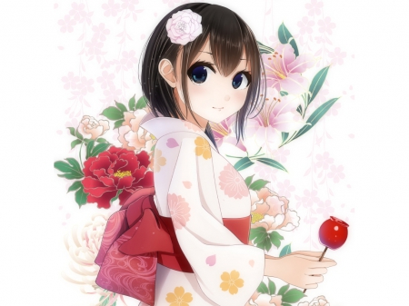 Kimono Chan - pretty, anime, kawaii, female, blossom, short hair, hd, nice, anime girl, beautiful, girl, beauty, kimono, lovely, sweet, flower, yukata, cute, adorable, floral