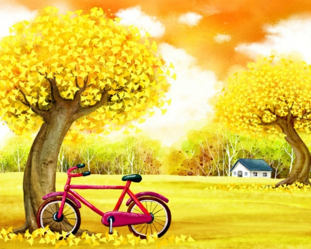 Yellow land - yellow, bike, trees, field, house