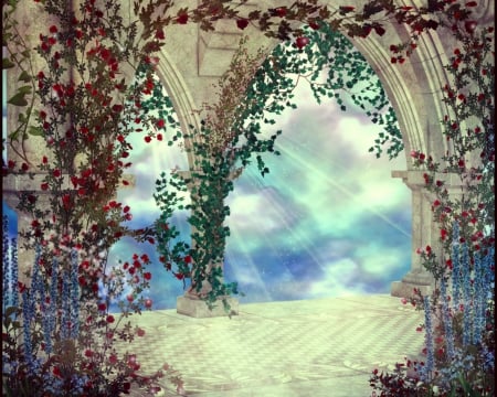 Fairy place - fantasy, rays, plants, balcony, art