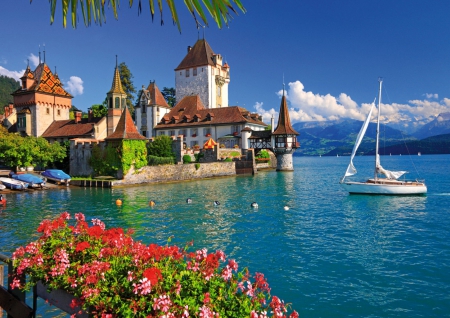 Lake Thun, Switzerland - lake, sky, landscape, water, summer, sailing, lovely, bern, view, castle, beautiful, flowers, boat, switzerland