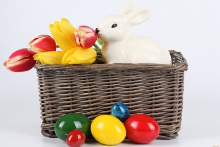 The Easter bunny - tulips, basket, happy easter, eggs, bunny