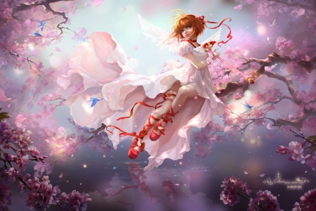 Kinomoto Sakura - love four seasons, flower, kinomoto sakura, cherry blossoms, ribbon, birds, kinomoto, float, flowers, weird things people wear, anime, petals, angelic, lovely, female, cardcaptor sakura, realistic, gown, beautiful, blossom, girl, anime girl, wings, elegant, gorgeous, floral, pretty, wing, magical girl, beauty, sweet, sakura, card captor sakura, hd, dress, ccs, divine, nice, angel