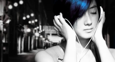 Blue Hair Girl with Headphones - blue, night, music, headphones, midnight, actor, soul, hot, cosplay, girl, city, hair, street, black, white, cute, sexy, wallpaper