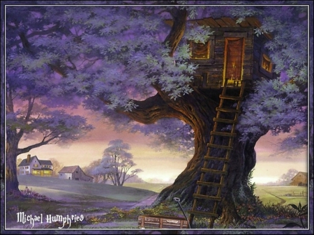 House in tree - pretty, beautiful, landscape, lovely, magical, tree, colorful, best, nature, painting, color, treehouse, peaceful, art