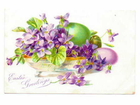 Easter - eggs, purple, easter, basket, flowers