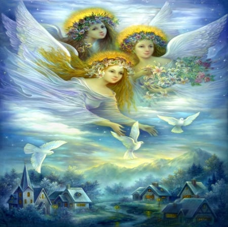 Peaceful angels - dove, angel, peaceful, magic, colorful, bird, heaven, painting, ghost, white, beautiful, city