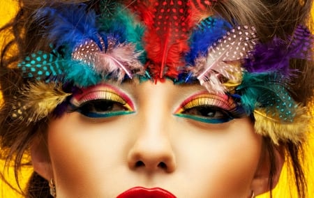 ♥ - make-up, yellow, blue, woman, red, green, girl, feather