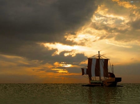 Vikings Boat - clouds, sunlight, sailing, ship, sea