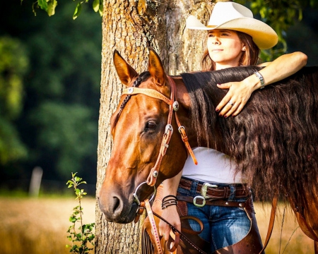 Cowgirl and Her Friend - cowgirl, chaps, tress, horse