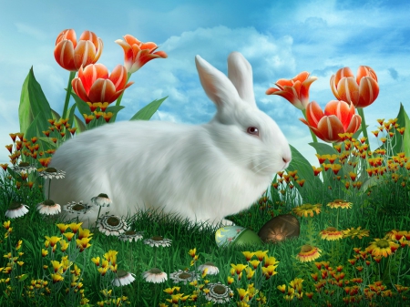 Easter bunny - cute, flowers, sweet, adorable, grass, easter, sky, rabbit, holiday, freshness, bunny