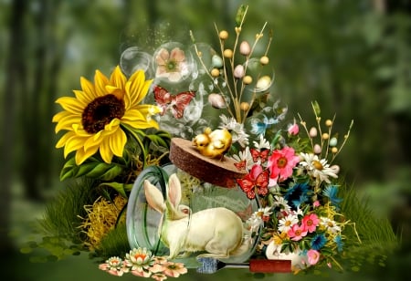 Easter background - pretty, eggs, rabbit, sunflowers, beautiful, photoshop, lovely, bunny, easter, flowers, holiday, background